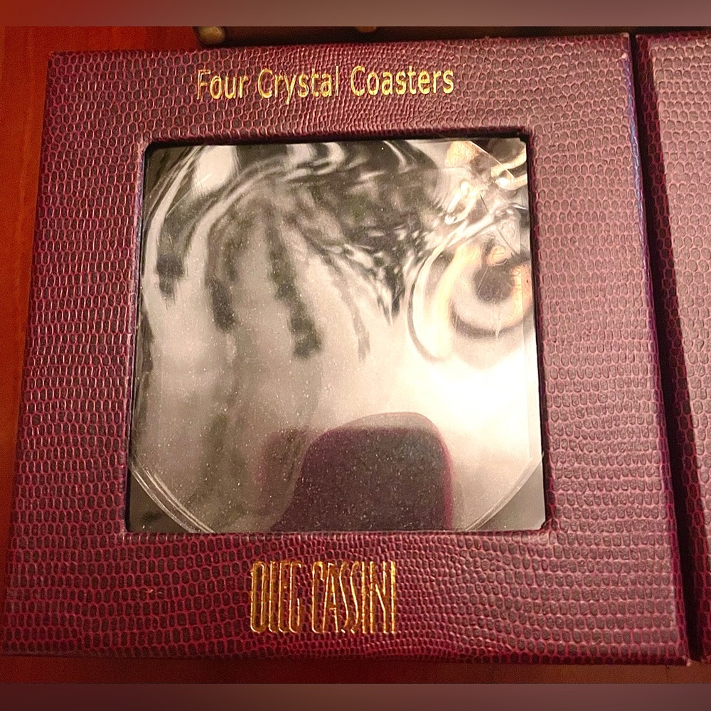 NEW IN BOX Oleg Cassini Signed Crystal Coasters 4 in set, 4 sets see pricing
